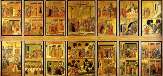 הפאנל האחורי של ה ״ מאסטה ״ ( MAESTA ) , תמונת המזבח של דוצ׳ו (DUCCIO)