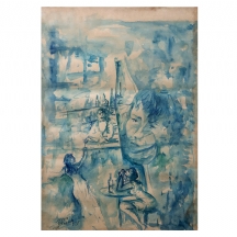 'דמויות בפאב' - ציור ישן, אקוורל על נייר