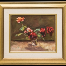 צבי שור - 'ורדים באגרטל זכוכית', שמן על בד. חתום