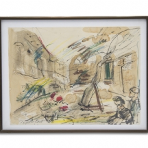 'שתי דמויות ליד מבנה'