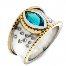 טבעת זהב משובצת יהלומים ואבן בלו טופז