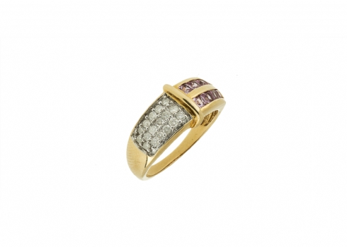 טבעת זהב עם אבני ספיר ורודות ויהלומים