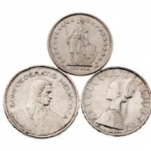 לוט של 3 מטבעות כסף שוויצרים ואיטלקים