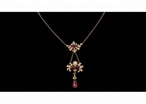שרשרת ותליון זהב משובץ פנינים ורובינים   (2149)