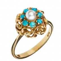 טבעת זהב עתיקה משובצת פנינה וטורקיזים