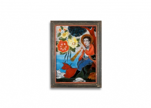 ציור אירופאי עתיק מסוג 'Reverse painting glass'