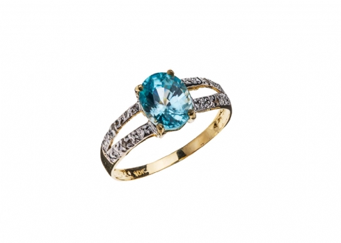 טבעת זהב משובצת זירקון כחול טבעי ויהלומים