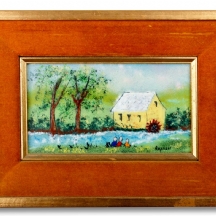 'בית צהוב בנוף' - ציור אמייל על לוח נחושת