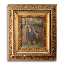 'זוג ילדים מקבצים נדבות' - ציור אירופאי עתיק