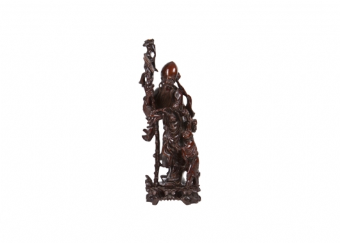 פסל סיני עתיק עשוי עץ מגולף בדמות חכם סיני וילד