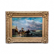 'ארבעה דייגים בסירה' - ציור אירופאי עתיק מהמאה ה-19, כפי הנראה אסכולה אנגלית