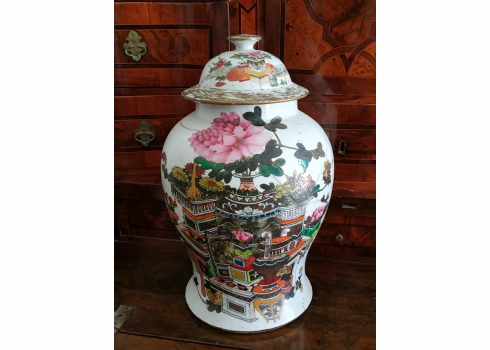 אגרטל חרס סיני ישן וגדול ומכסה תואם