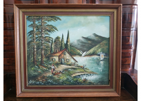 'כפריה ליד בקתה על גדת הנהר'