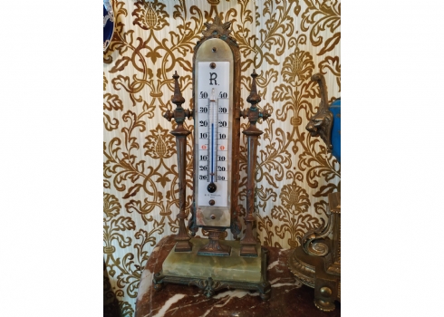 טרמומטר צרפתי עתיק מהמאה ה-19 עשוי ברונזה, זכוכית ובסיס אוניקס ירוק