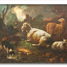'תיש, כבשה, טלה וכלב' - ציור אירופאי עתיק, מיוחס ל: 'Salvator Rosa'