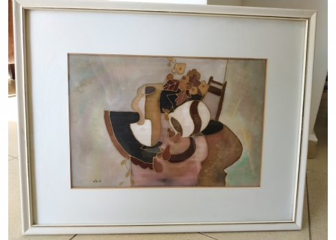 'טבע דומם עם כדים ואגסים אורגניים' - ציור על משי