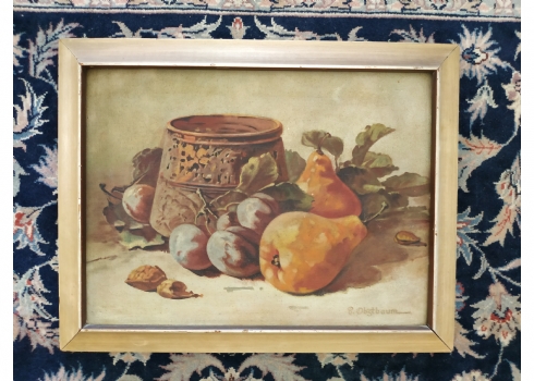 'טבע דומם עם אגסים ושזיפים' חתום: 'S. Obstbaum'
