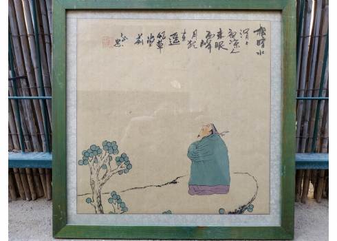 'בדידותו של הסיני בגלימה הירוקה' - הדפס סיני ישן ונוגה על נייר