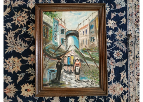 'דמויות בשוק' - ציור ישן, שמן על בד, חתום: דורה ג.