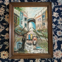 'דמויות בשוק' - ציור ישן, שמן על בד, חתום: דורה ג.