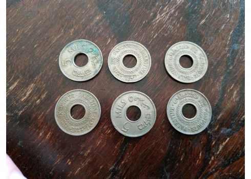 לוט של 6 מטבעות מתקופת פלשתינה, שנת 1946, של 5 מיל.