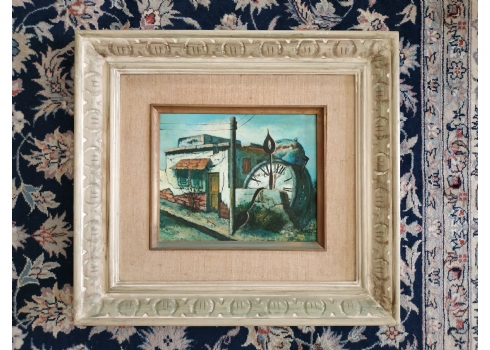 זאב קון - 'נוף סוריאליסטי עם בית ושעון', שמן על בד, חתום