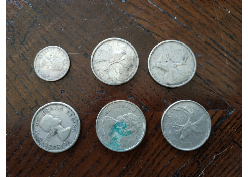 לוט של 6 מטבעות כסף קנדים ישנים, מהשנים: 1959, 1968, 1961, 1968, סה"כ: 33 גרם