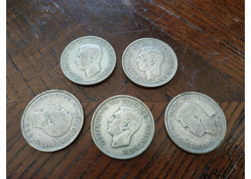 לוט של 5 מטבעות כסף אנגלים (שני שילינג / פלורין), מהשנים: 1937, 1938, 1939, 1940