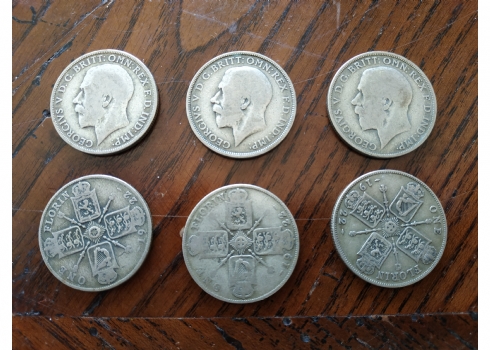 לוט של 6 מטבעות בריטניה, של שני שילינג / פלורין, עשויים כסף