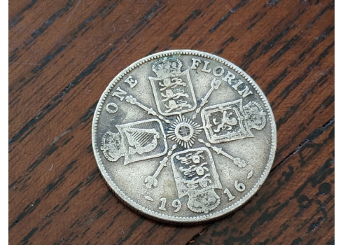 מטבע כסף, בריטניה, שני שילינג / פלורין, משנת 1916, משקל: 11 גרם.