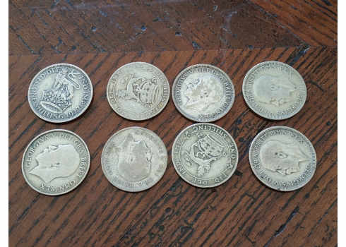 לוט של 8 מטבעות כסף, בריטניה, שילינג אחד