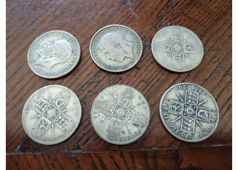 לוט של 6 מטבעות כסף, בריטניה, שני שילינג / פלורין