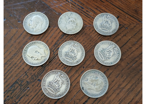 לוט של 8 מטבעות כסף, אנגליה, אחד שילינג מהשנים: 1936, 1934, 1929, 1920