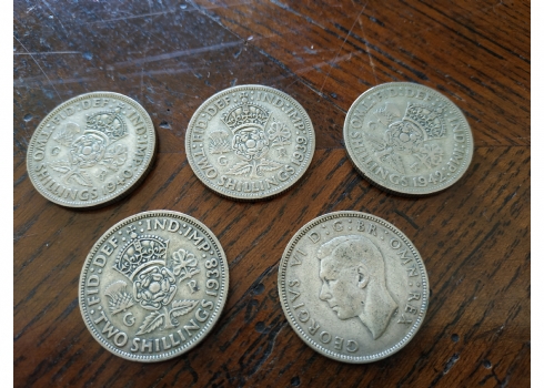 לוט של 5 מטבעות כסף, בריטניה, שני שילינג / פלורין