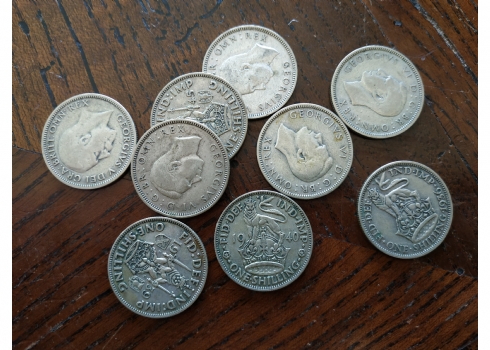 לוט של 9 מטבעות כסף, בריטניה, אחד שילינג