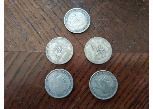 לוט של 5 מטבעות כסף, בריטניה, אחד שילינג