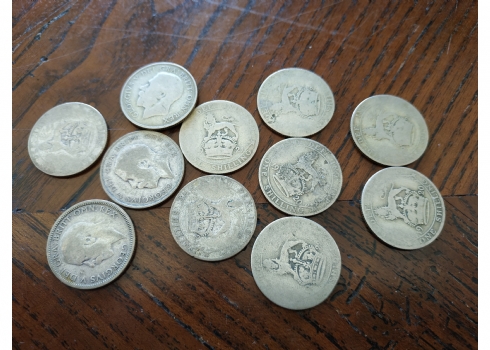 לוט של 11 מטבעות כסף, אנגליה, אחד שילינג