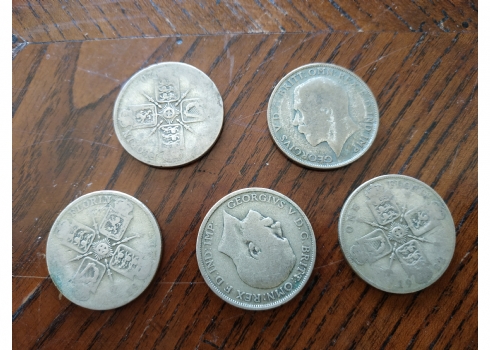 לוט של 5 מטבעות כסף, בריטניה, שני שילינג / פלורין