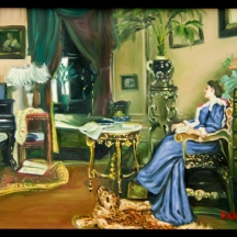 'אצילה נחה בחדר הנגינה' - ציור אירופאי בסגנון עתיק