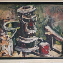 לוקוב, יורם  (Yoram Lokov)  'תנור נפט' , שמן על נייר מוצמד לקרטון, חתום ומתוארך