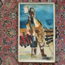 'דייג' - ציור ישן, שמן על בד (קילופי צבע / מצולם), חתום בחתימה לא קריאה