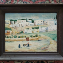 רביבה יופה (Reviva Yoffe) - 'שני ערבים וחמור בשדה חרוש' - ציור ישן, שמן על לוח