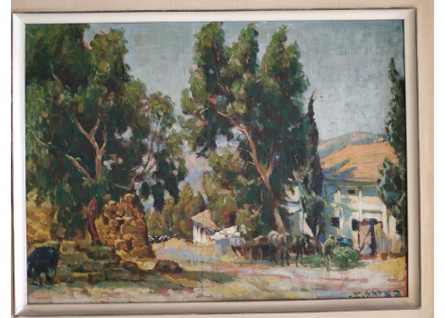 בצלאל (צלקה) צורי, צימבליסט - 'נוף קיבוץ', ציור ישן, זקוק לרסטורציה, שמן על בד