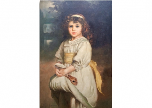 'נערה עם ארנבת', ציור אירופאי ישן, שמן על בד, חתום