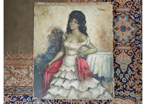 'איטלקיה עם צעיף אדום' - ציור ישן, שמן על בד, חתום, פגום