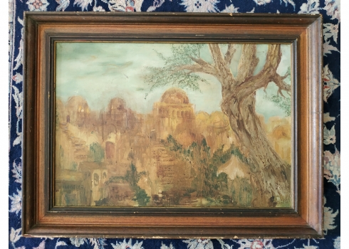'עץ וכיפות מסגדים' - ציור ישן, שמן על בד, חתום