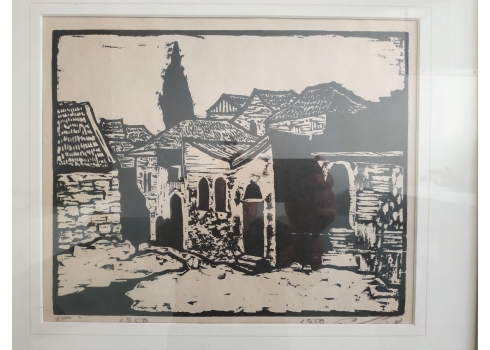 יעקב פינס 'בתים וברוש בודד' - הדפס ישן על פי חיתוך לינולאום, חתום ומתוארך: 1950