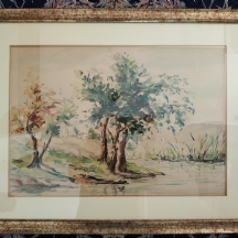 'שני צוללנים באגם' - ציור ישן, אקוורל על נייר, חתום בחתימה לא מזוהה
