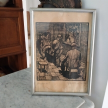 'שלושה גברים בוחנים ציורים בגלריה' - הדפס ישן על פי חיתוך עץ או לינולאום