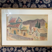 שמשון הולצמן (Shimshon Holzman), 'בתים בצפת', רישום עיפרון ואקוורל על נייר, חתום